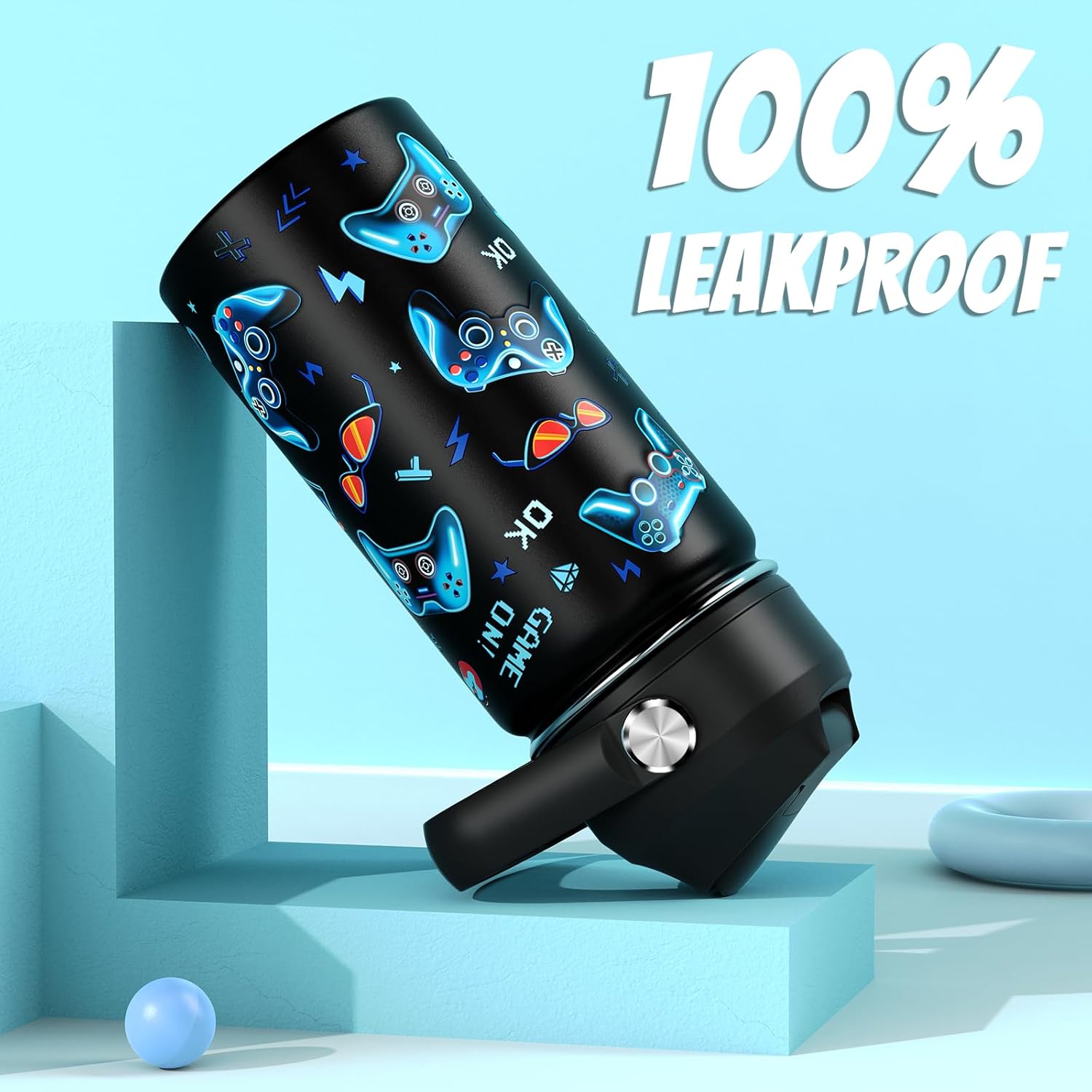 14oz Kids Insulated Water Bottle with Straw Lid - 18/8 Stainless Steel Kid Cup Travel Tumbler Double Wall Vacuum Leak Proof Portable Toddler Water Bottle (Game) - Image 3