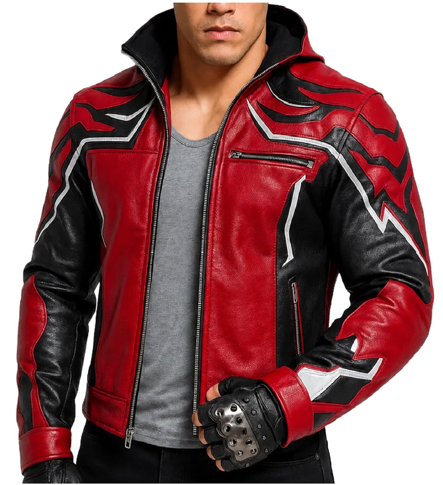 Chaqueta de cuero rojo y negro para hombre, disfraz de motociclista, cosplay, ropa de calle