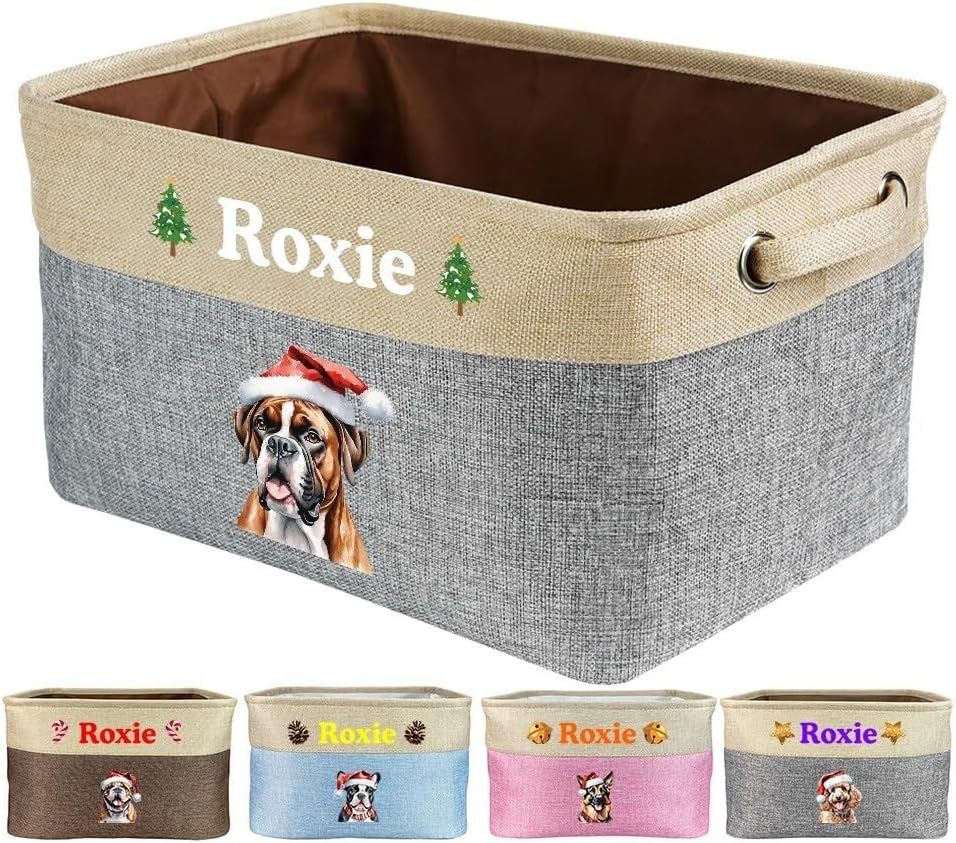 Custom Name Photo Dog Toys Storage Basket for Christmas - Medium Dog Food Storage Box Bin - Collapsible Organizer for Dog Toy, Clothing & Accessories