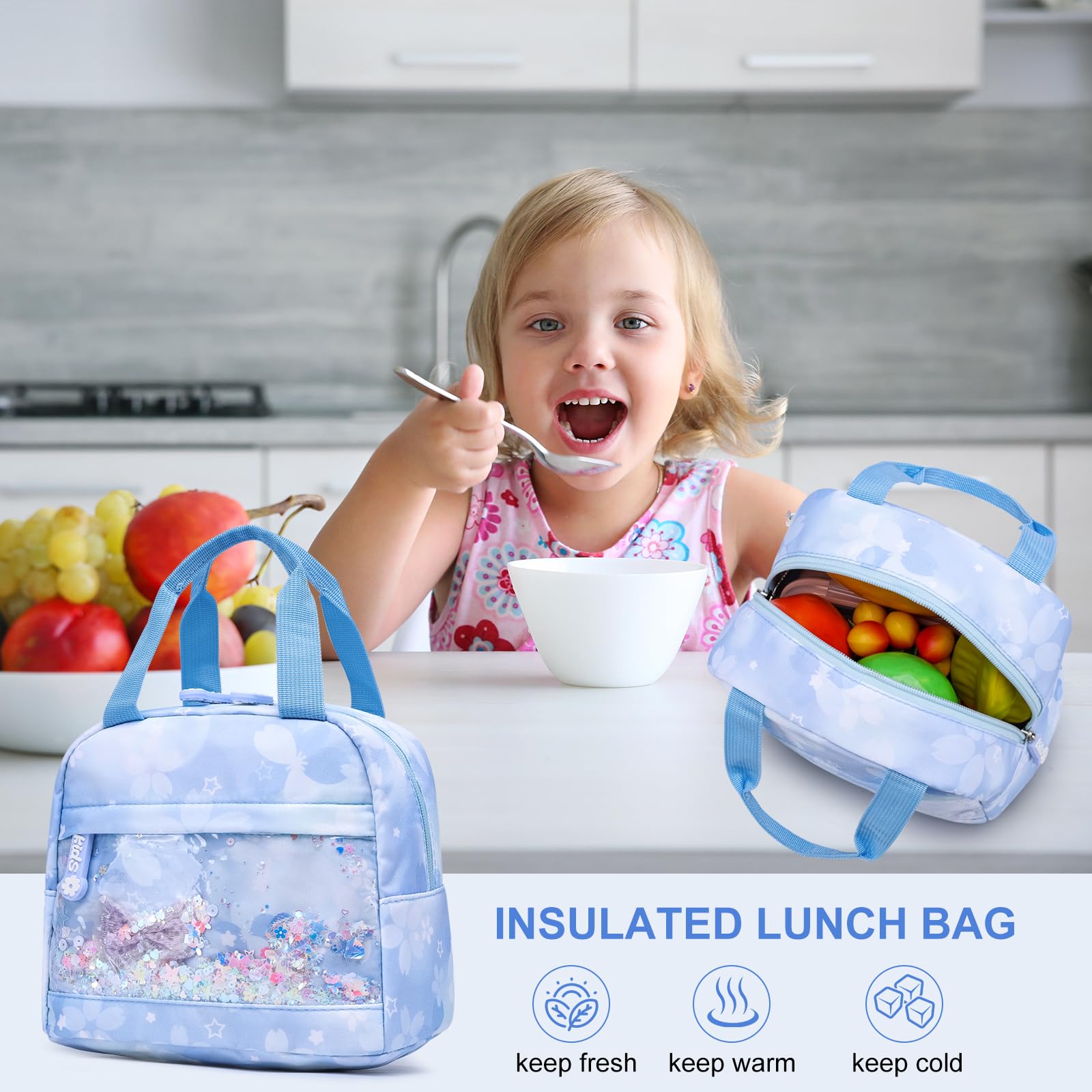 KEBEIXUAN Set Mochila Escolar Niña 3 Piezas para Colegio, Mochila Infantil Primaria con Fiambrera y Estuche, Apertura 180°, Ligera 26L, Cabe A4-6-10 Años (conjunto azul)