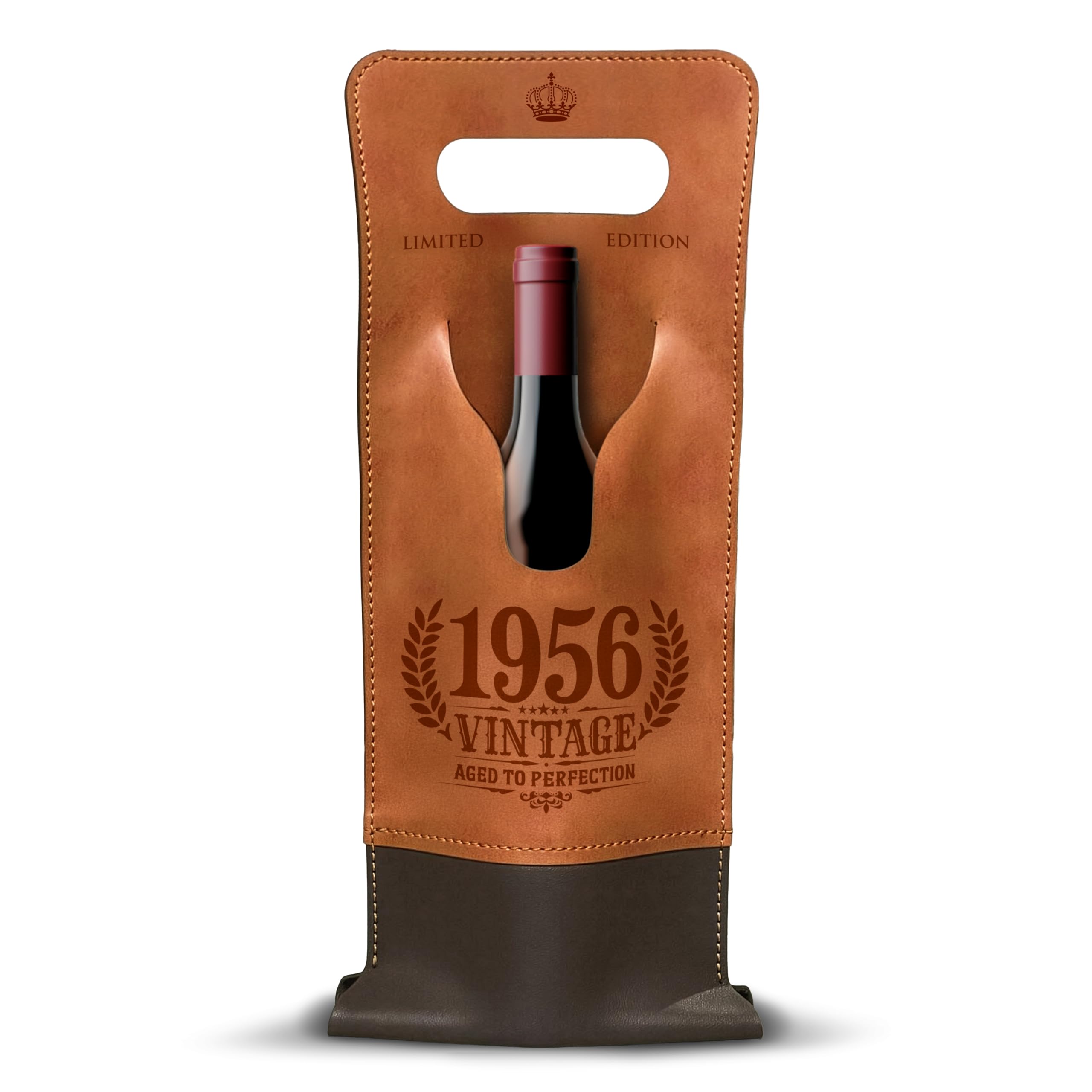 CROWNLY Vintage 1956 Wine Gift Bag — 70th Birthday Gift, Vegan Leather Bottle Bag "Aged to Perfection" for 750ml Wine & Champagne, Reusable Birthday Bottle Gift Bag for Him and Her