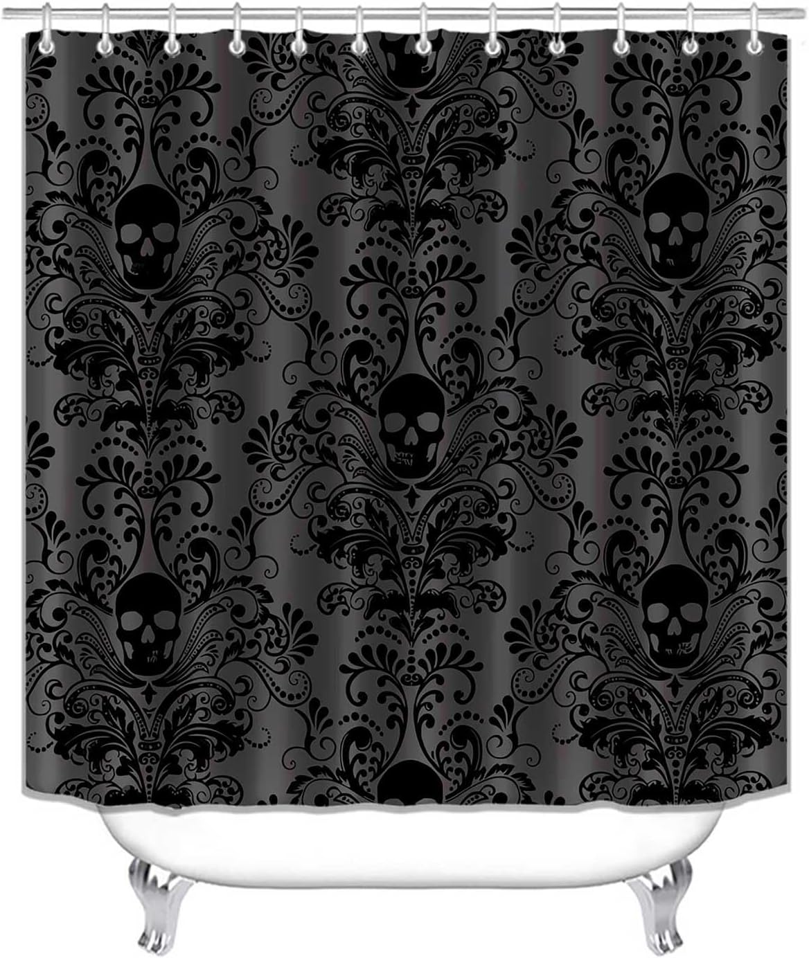 4PCS Black Damask Shower Curtain Sets with Rugs, Gothic Skull Shower Curtain, Waterproof Fabric Shower Curtain, Spooky Skeleton Vintage Floral Foliage Antique Victorian Baroque Bathroom Decor