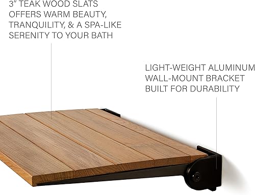 Miniatura 6 de Seachrome Asiento de ducha plegable Silhouette Slimline de 18 pulgadas, para montaje en pared, madera de teca natural con marco negro mate