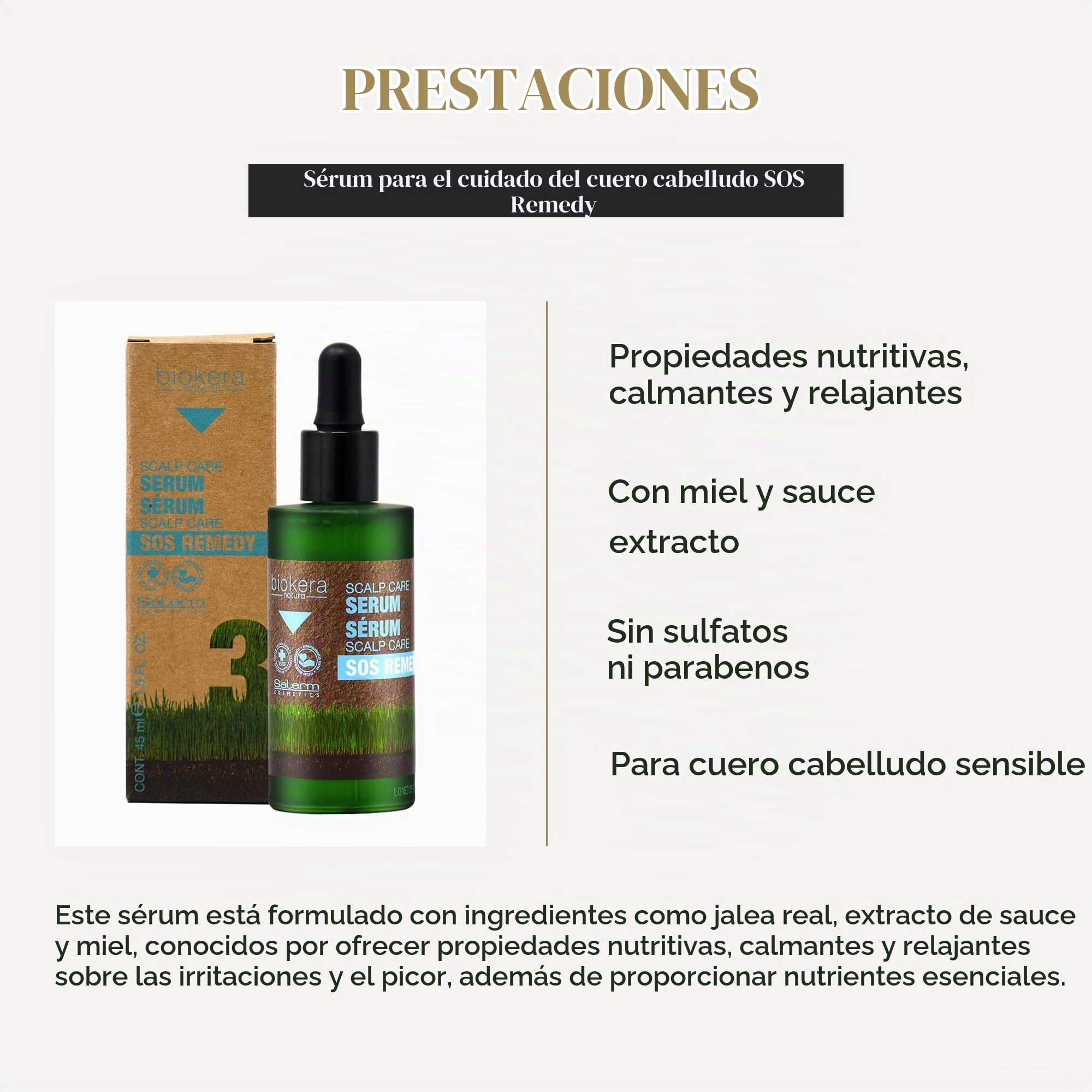 SALERM - Sérum Cuero Cabelludo Sensible - Sérum Scalp Care SOS Remedy Biokera Natura - 45 ml - con Miel y Extracto de Sauce - Combate Picores, Rojeces e Irritaciones - Nutre y Calma