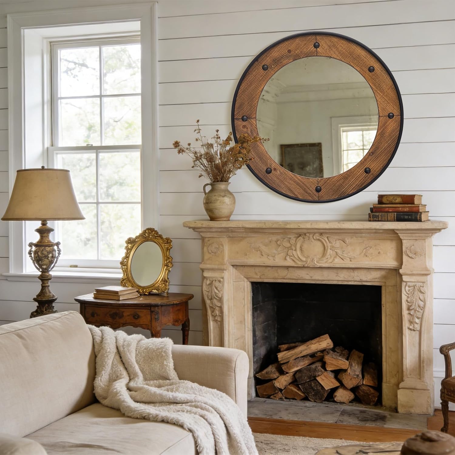 Rustic Round Wall Mirror 30 Inch, Natural Wood Frame with Black Metal Trim, Industrial Farmhouse Round Wood Mirror, Decorative Wall Mirror for Bathroom, Living Room, Entryway