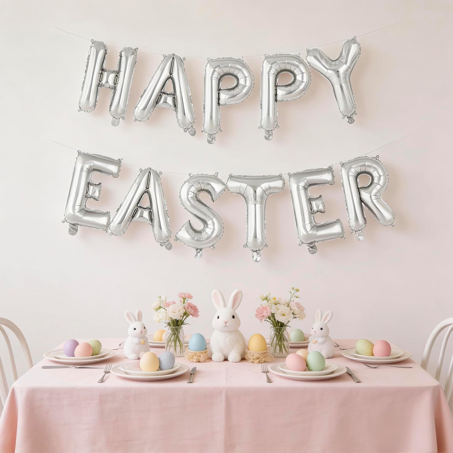 Happy Easter Balloons Banner,16 Inch Foil Letter Balloons Easter Party Decorations for Spring Fireplace Home Decoration (Silver)