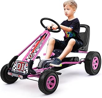 DORTALA Go Kart for Kids, 4 Wheel Off-Road Pedal Powered Go Cart with 2-Position Adjustable Bucket Seat, Safety Brakes, EVA Rubber Tires, Outdoor Ride On Racer Pedal Car for Boys & Girls (Pink)