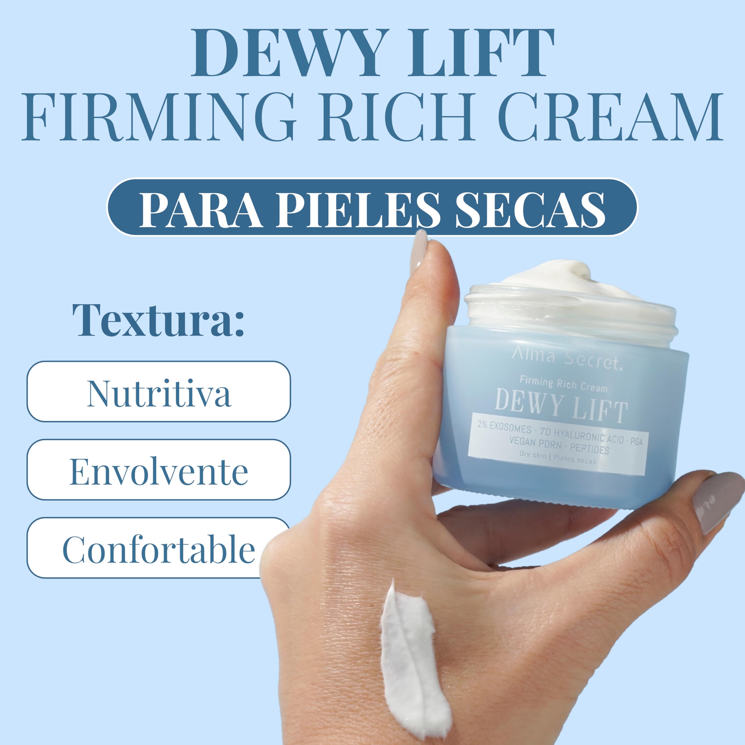 ALMA SECRET | Dewy Lift Rich Firming Cream | Crema de día reafirmante, redensificante e hidratante con 2% Exosomas, PDRN Vegano, 7D Ácido Hialurónico y PGA | 50 ml (Piel seca)