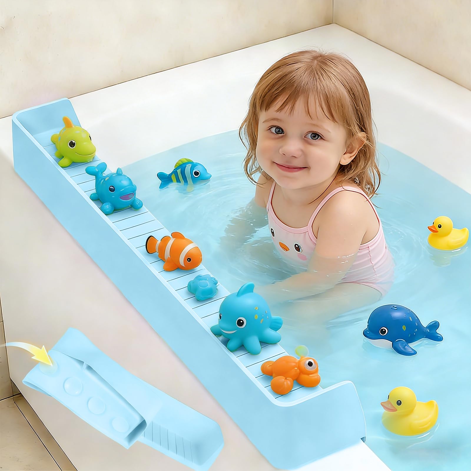 Porte-jouets et protection anti-éclaboussures en silicone de baignoire