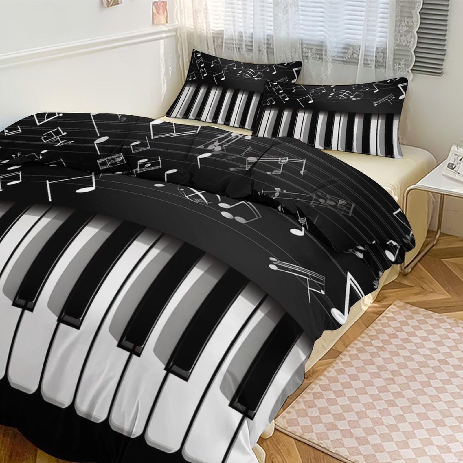 Housse de couette piano 3 pièces avec 2 taies d'oreiller de 50x75 cm pour un grand lit musical