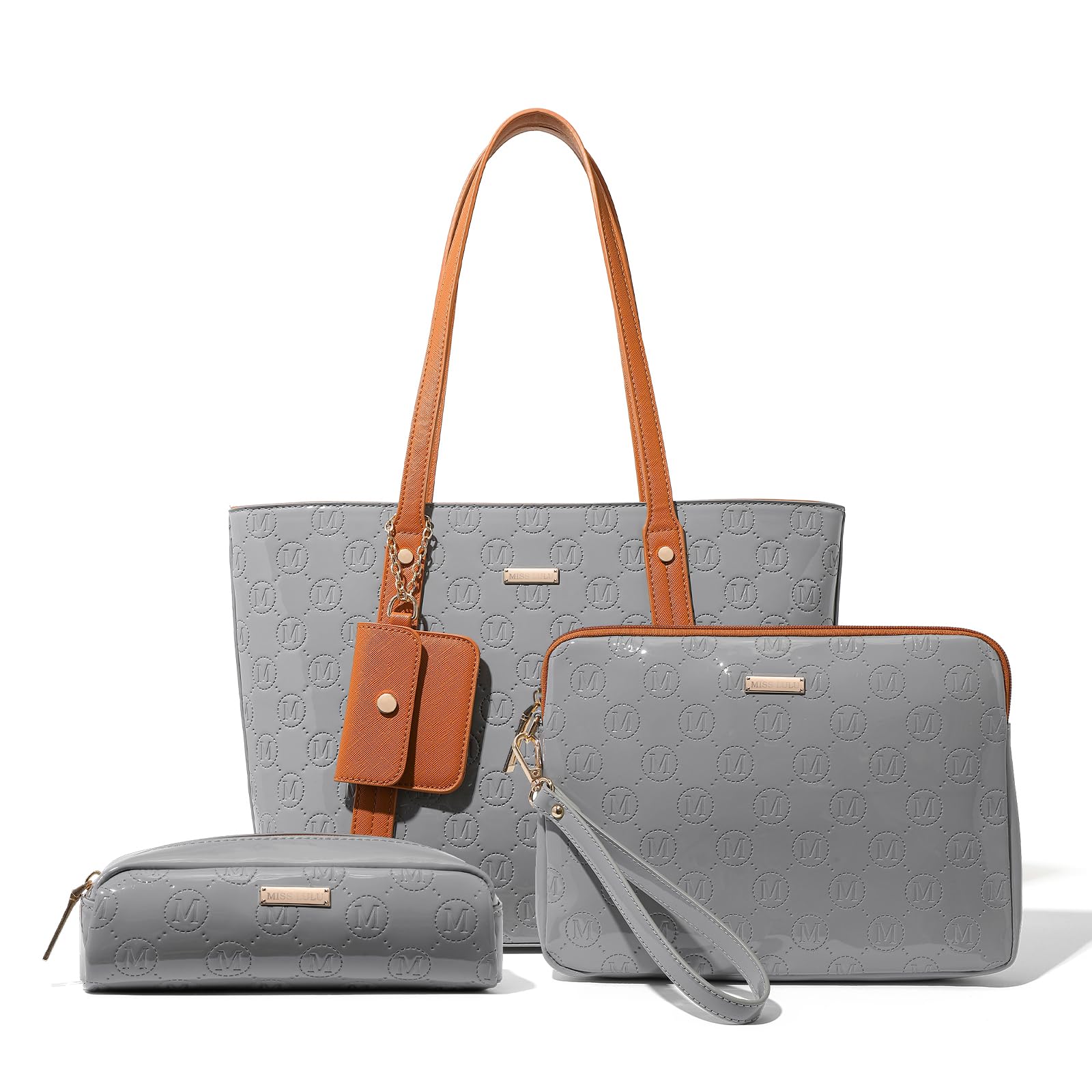 Miss Lulu Handbags for Women Tote Bag PU Leather Shoulder Bag 3Pcs Bag (Grey&Brown)