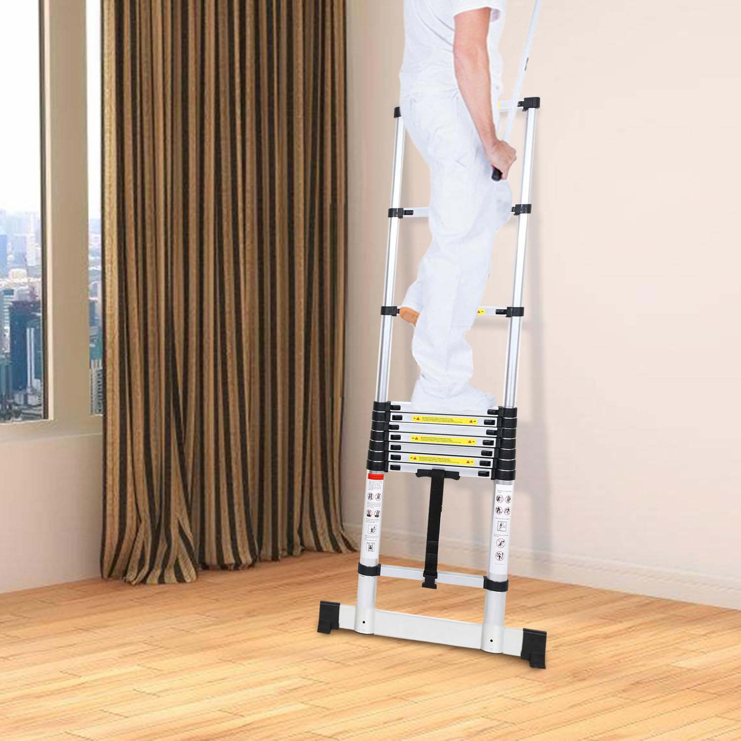 Drabina teleskopowa, 2,6 m, aluminiowa drabina wysuwana ze stabilizatorem, obciążenie 150 kg, antypoślizgowa drabina aluminiowa, drabina stojąca, wielofunkcyjna drabina na strych, do biura