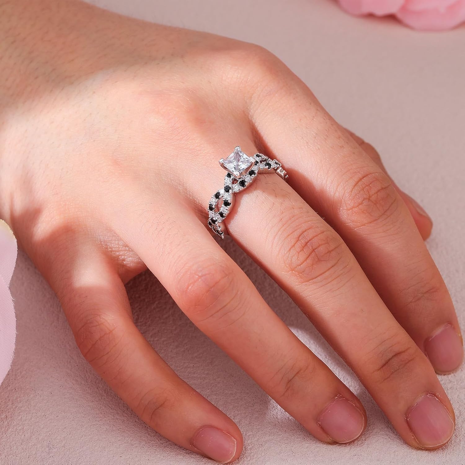 Jeulia Women 2.5 Carat Princess Cut Wedding Band Rings Engagement 925 Sterling Silver Twisted Eternity Birthstone Rings Anniversary Promise with Jewelry Gift Box
