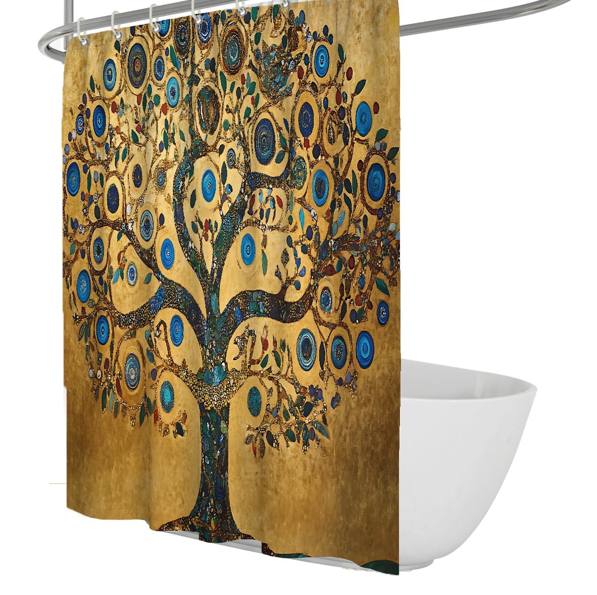OLLIAR Home Waterproof Fabric Shower Curtain with Hooks 100x180 Abstract Retro Aesthetic Art Style Shower Curtain Set Golden Tree of Life Bathroom Curtains