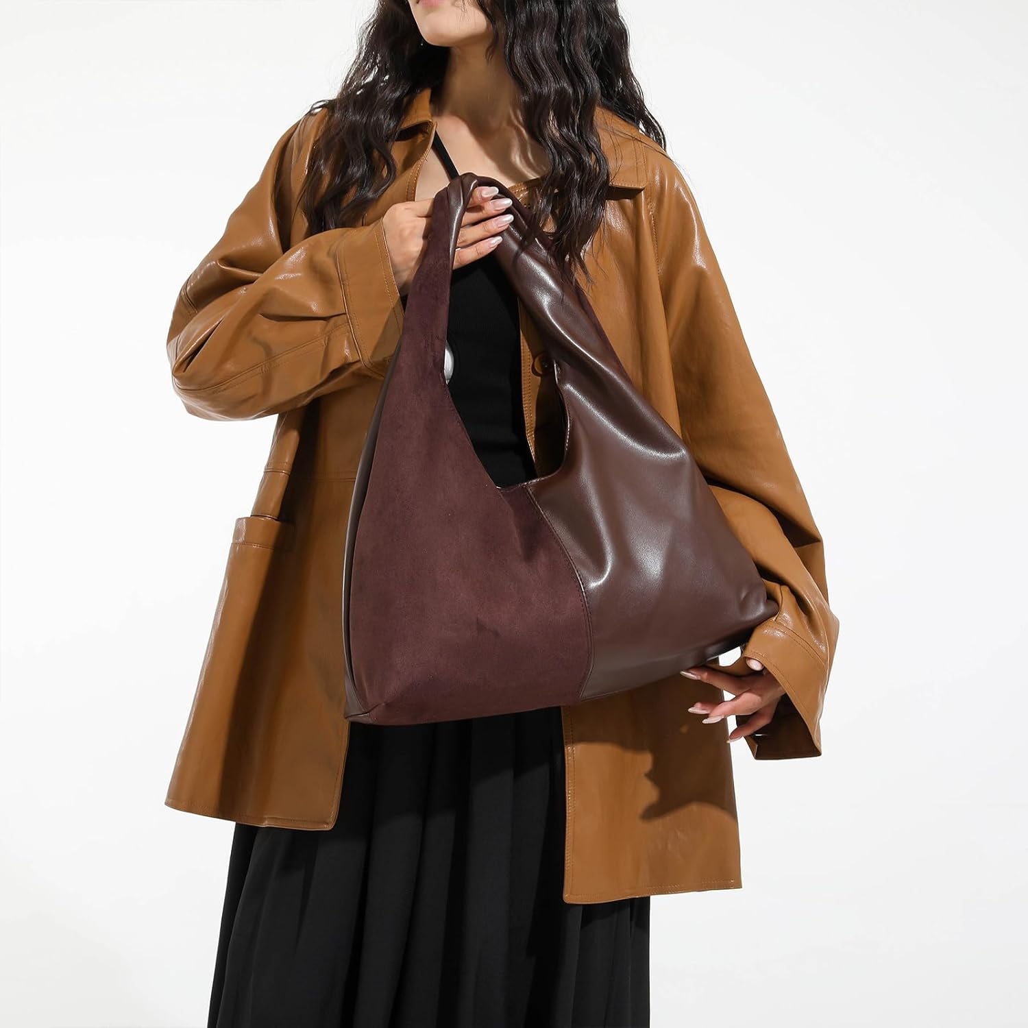 Suede Purse Slouchy Suede Hobo Bags for Women Trendy Splicing Leather Tote Bag Handbag - Image 2