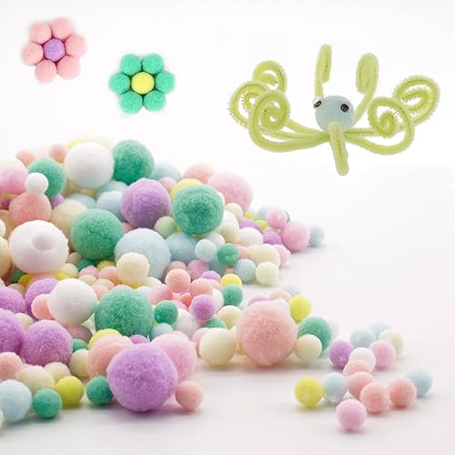 Miniatura 6 de YSHIHE Juego de 530 pompones multicolor para manualidades, 400 colores de caramelo claro, alta elasticidad, varios tamaños, 100 ojos saltones y 20