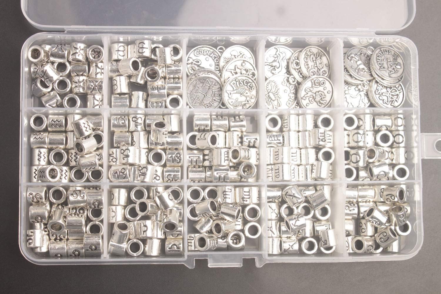 Changjin One Box of 264PCS Antiqued Silver Metal Cylinder Zodiac Beads Sign Charms in storage