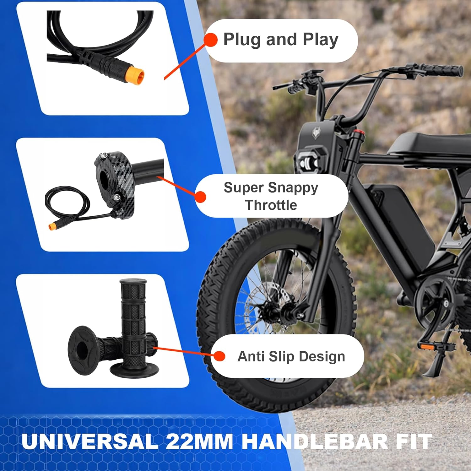 Ebike Full Twist Throttle for Macfox, 3 Pin Surron Style Throttle Grip Kit 12V-72V Compatible with HappyRun Freego Heybike Electric Dirt Bike
