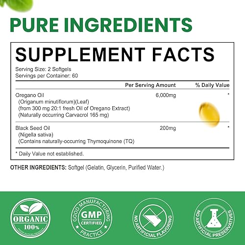 Miniatura 7 de ELBBUB Aceite de orégano con aceite de semilla negra, 6000 mg de cápsulas blandas de orégano de alta resistencia, 120 unidades, sin gluten, sin OMG,
