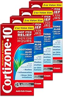 Cortizone-10 Maximum Strength Soothing Aloe Itch Relief Cream, 1% Hydrocortisone, Fast-Acting, Anti-Itch Cream for Bug Bites, Rash, Eczema, Psoriasis, Poison Ivy, Oak, Sumac, 2 oz (Pack of 4)