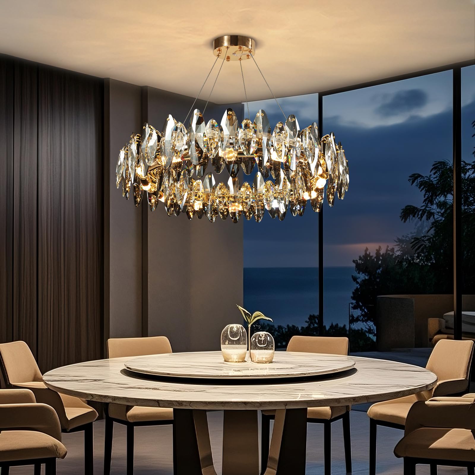 Moderna araña de cristal LED de lujo, Luz de lámpara techo salon cristal forma de huevo brillante de oro, 8xE14 Colgante Para Dormitorio, Salón, Comedor, Restaurante