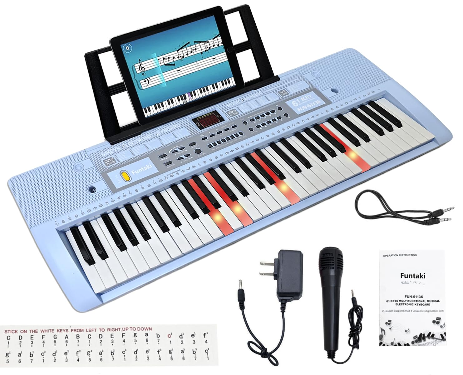 Tastiera elettronica a 61 tasti con tasti illuminati, mini tastiera musicale con supporto per tastiera, sintetizzatore digitale portatile, per principianti, bambini e adulti (blu)