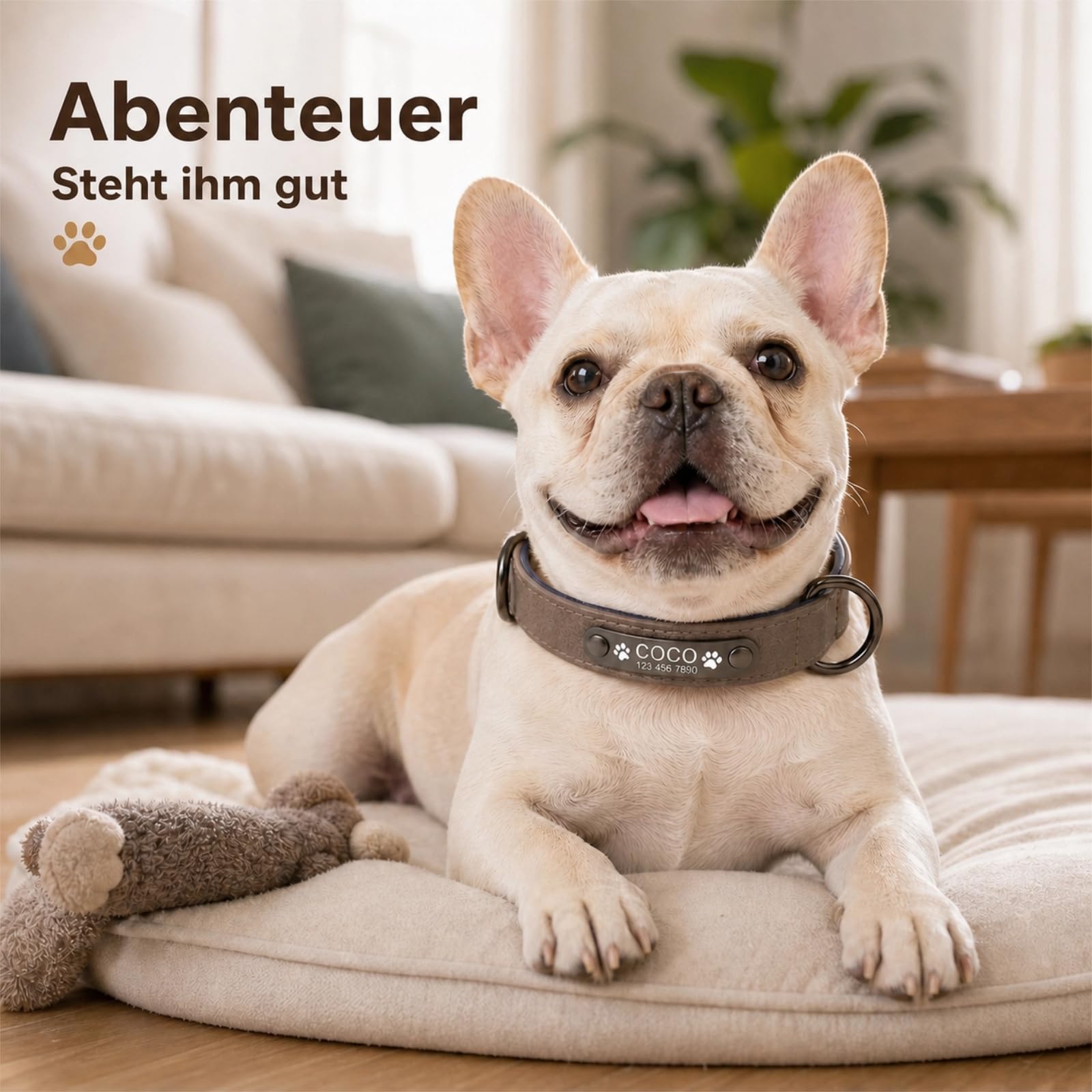Personalisiertes Leder Hundehalsband mit Namensschild, Name & Tel. Gravur | Hundehalsband mit Namensschild (innen & außen Leder). Mit Gravur von Name, Nummer & Motiven. Ideal für Outdoor.