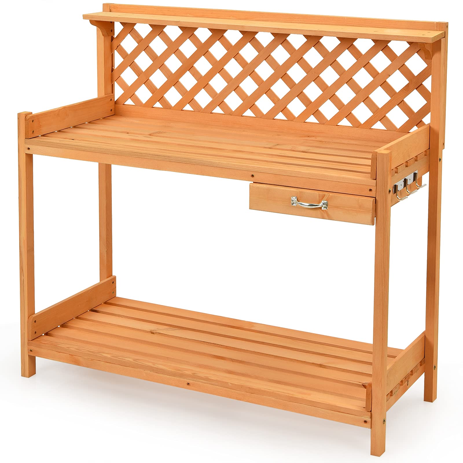 Buy Giantex Potting Bench, Wood Work Table with Drawer 3 Hooks and Storage Shelf, Outdoor