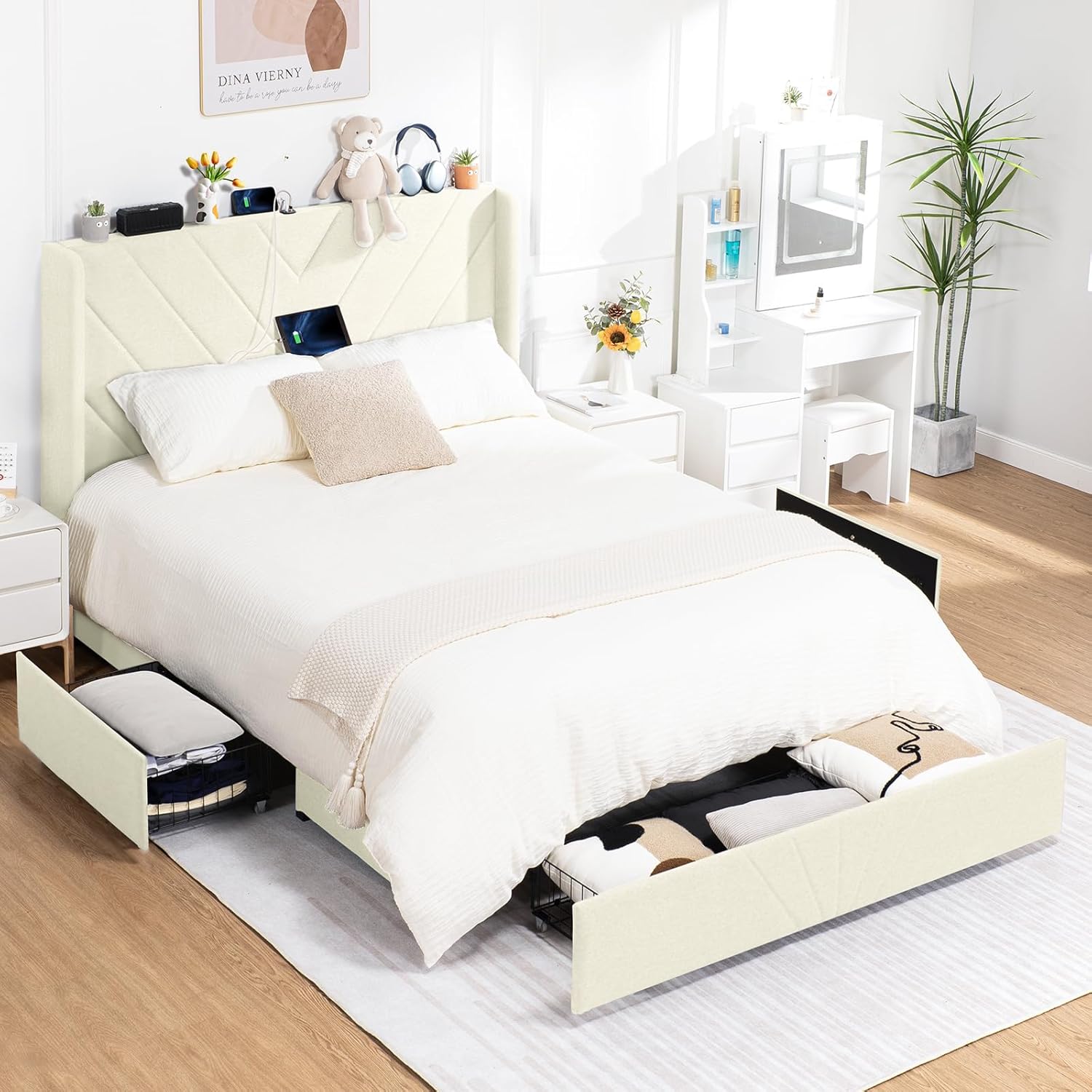 COMHOMA Queen Size Metal Bed Frame with Upholstered Headboard, Storage Drawers, USB & Type-C Charging Ports, No Box Spring Needed, White