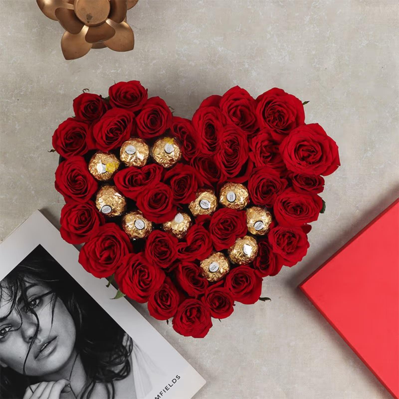 FlowerAura Decorative Fresh Live 36 Red Roses Flower Bouquet with Chocolates in Heart Shape Box for Valentine's & Anniversary Day Gift (Same Day Delivery)