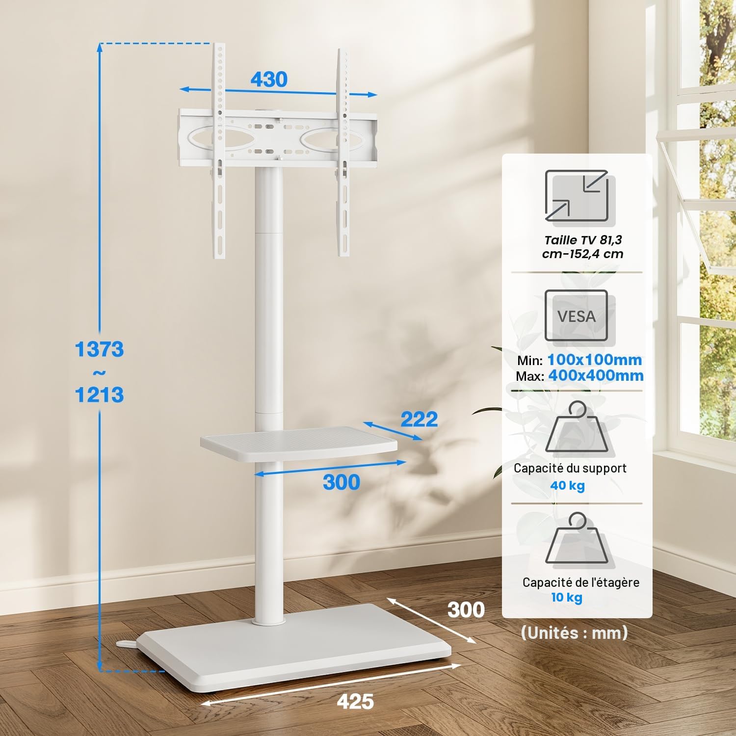 5Rcom Support TV au sol universel pivotant avec support pour téléviseurs de 32 à 55 pouces jusqu'à 40 kg, hauteur réglable avec pivot, haut support TV avec base en bois blanc, VESA max 400 x 400 mm