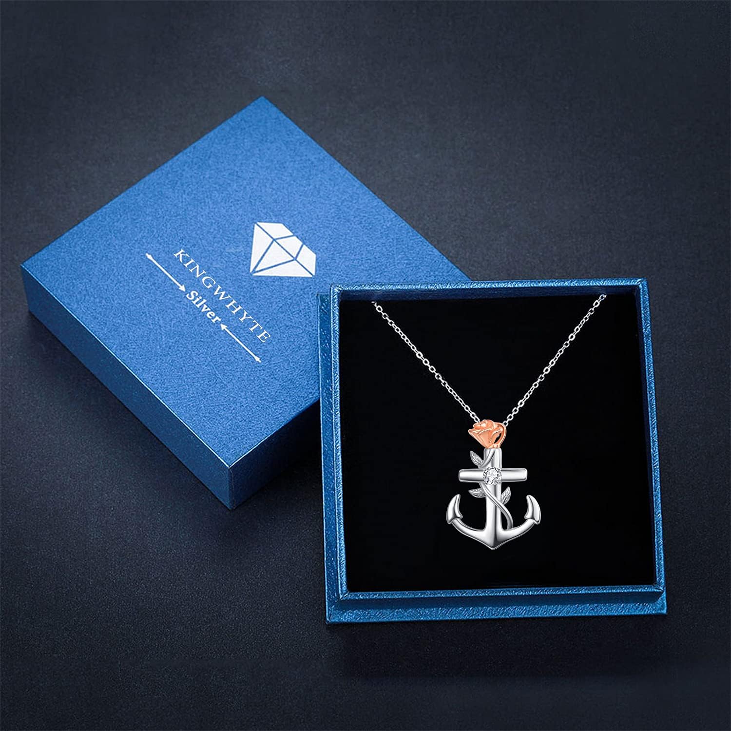 KINGWHYTE Anchor Necklace for Women 925 Sterling Silver Anchor Pendant Sailor Nautical Necklace with Rose Flower Birthday Jewelry Gifts for Her