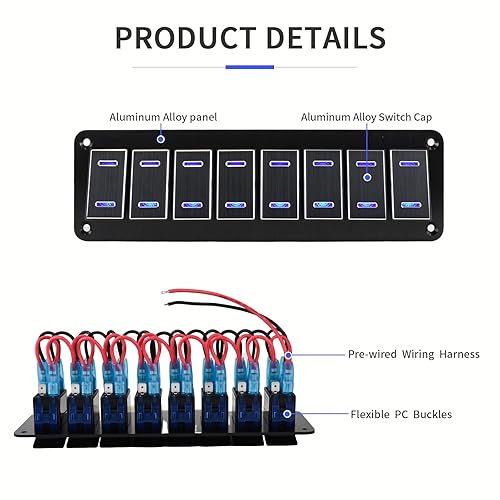 Miniatura 9 de Panel de interruptor basculante impermeable, panel de interruptor basculante de aluminio de 8 cuadras, 12 V24 V, encendidoapagado, panel de