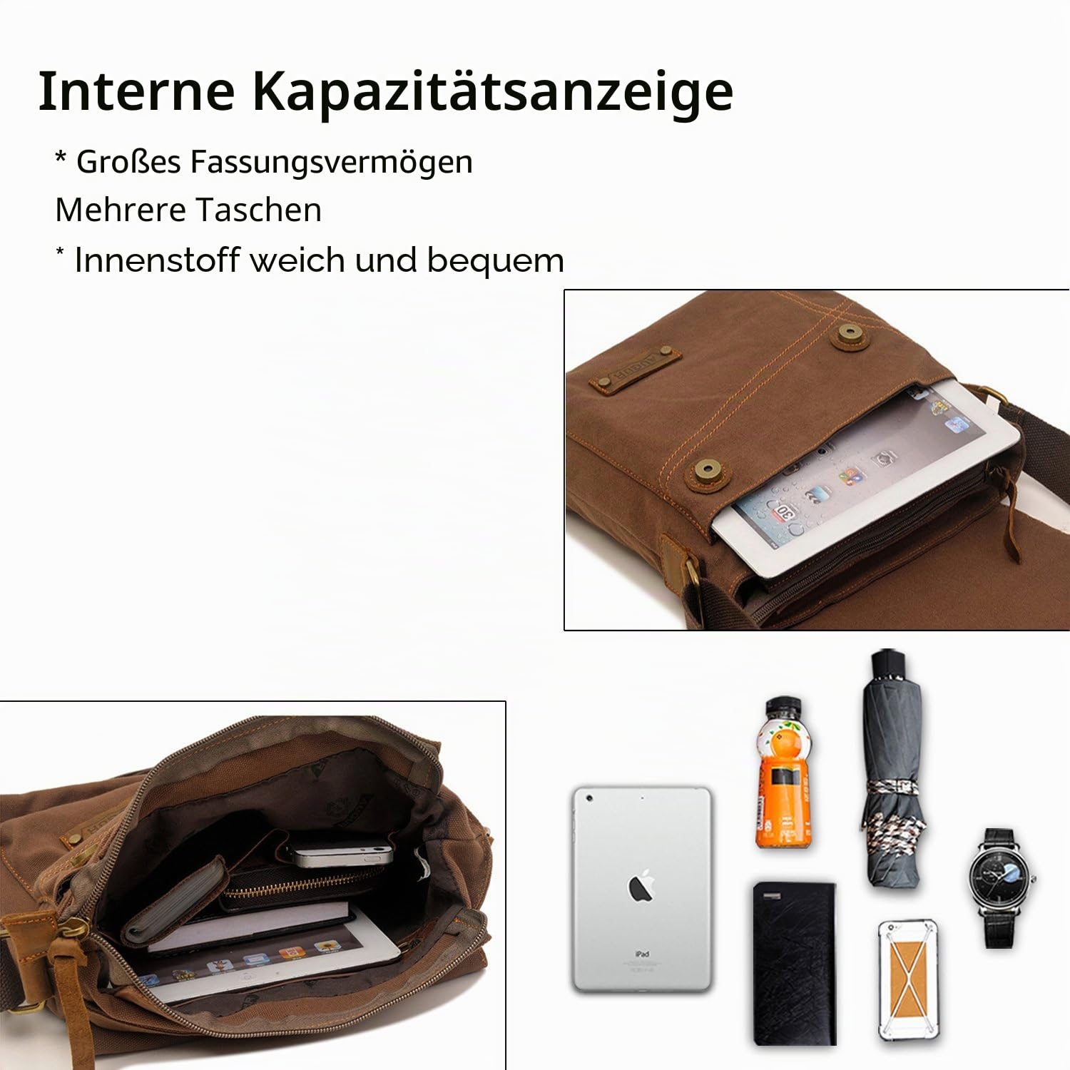 FANDARE Vintage Messenger Bag Umhängetasche Schultertasche Laptoprucksäcke Tasche Crossbody Bag Kuriertasche Frauen Herren Segeltuch Braun