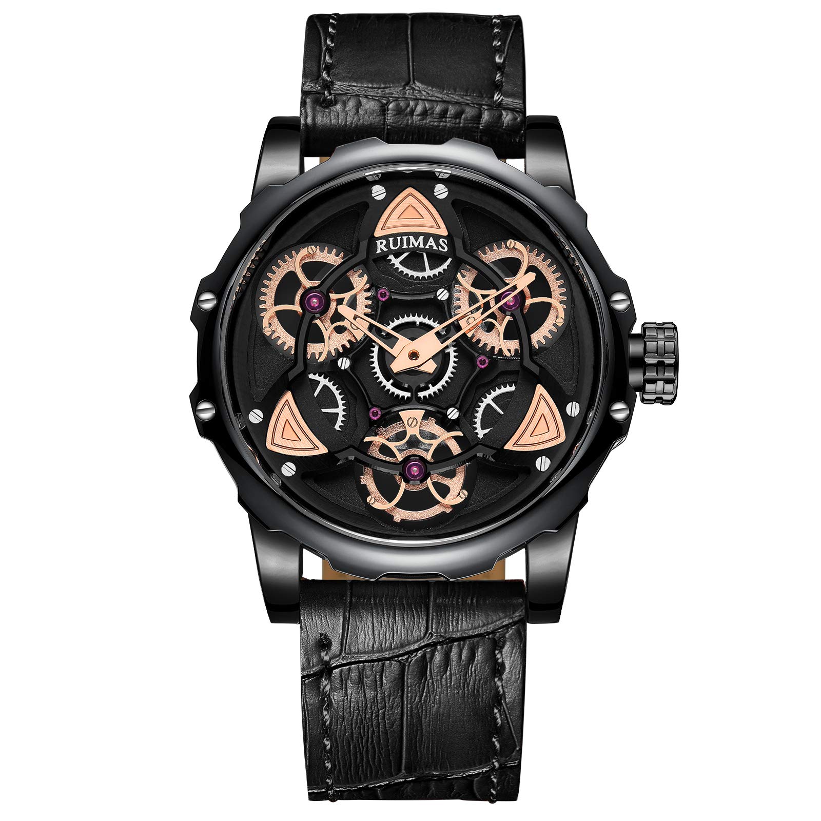 RUIMASMen’s Watch Black Skeleton Quartz Analog Waterproof Sport Watches with Leather Strap and Rotating Dial for Men Gift
