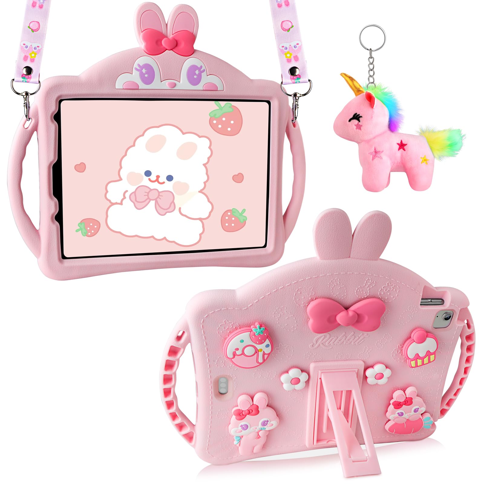 Aolcev for iPad Air 11 Inch Case M3 2025/M2 2024, iPad Air 5th 4th Generation Case 10.9 Inch 2022/2020 for Kids Girl with Stand Lanyard Unicorn Keychain Tablet Protective Cover for Air 7/6/5/4-Pink
