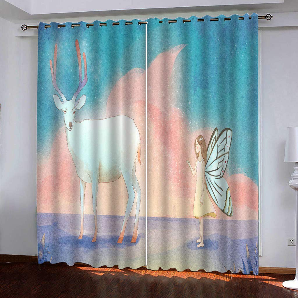 Cortinas Dormitorio Juvenil 160x200 Cm Térmicas Cortina Salon Dormitorio Moderno Con Ojales 2 Paneles 3D La Chica Mariposa De Dibujos Animados Alce Cortina Opaca Juvenil Sala Estar Niño, Cortinas Ve