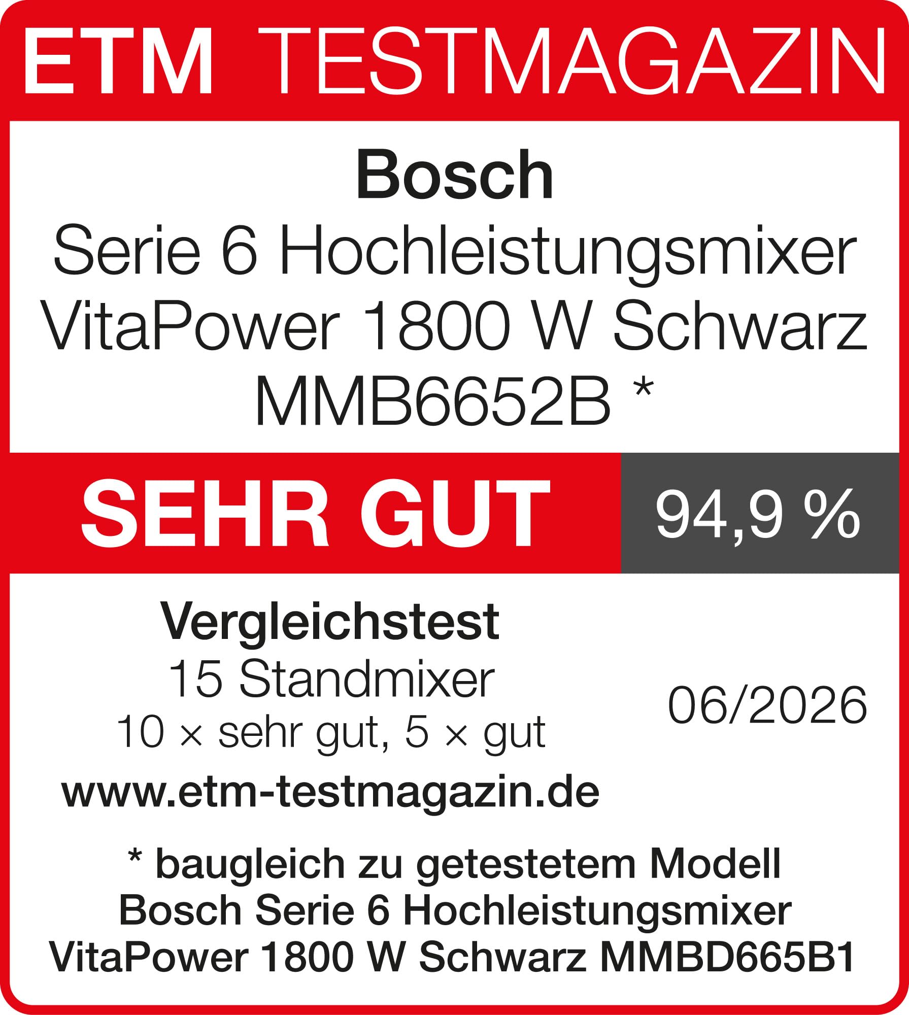 Bosch Hochleistungsmixer, Smoothie Maker, 1800W, 45.000 U-min, Programme für heiße Suppe & Reinigung, 2L, spülmaschinenfeste Teile, Made in Europe, schwarz, VitaPower Serie 6 MMB6652B