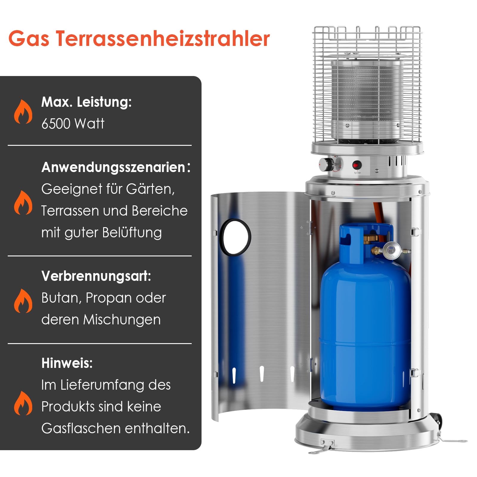 TLSUNNY Heizstrahler Terrasse, mit Schutzhülle und Piezoelektrische Zündung | Edelstahl Terrassenstrahler mit 2PCS Rädern, Terrassenheizer mit Heringen, 6,5 kW Gas Heizstrahler für Terrasse und Balkon
