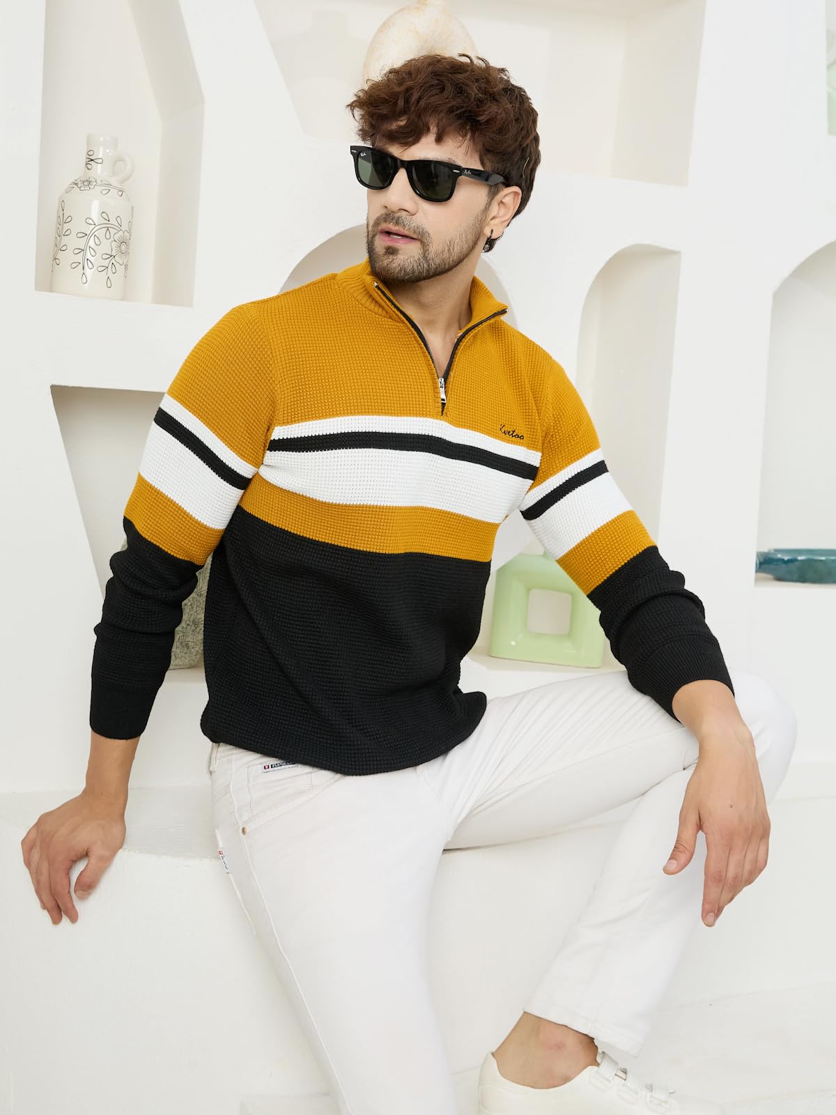 Kvetoo Men High Neck Zip Full Sleeve Woolen Winter Sweater Mustard Black Size XL - Image 7 thumbnail
