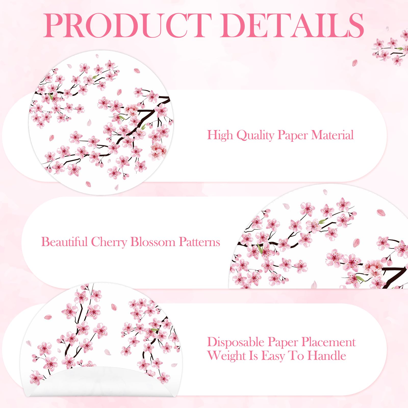 Paquete de 100 manteles individuales de papel de flor de cerezo de 13 pulgadas, desechables, manteles individuales de papel redondos, suministros de fiesta de flores de cerezo para