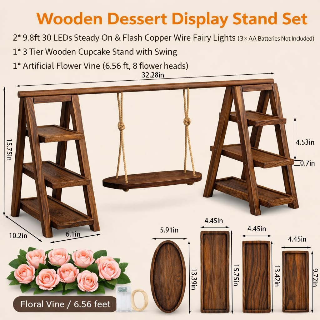 3 Tier Wooden Cupcake Stand with Swing and Flower Decoration, Dark Brown Natural Wood Dessert Swing Display Serving Set with Removable Trays, Rustic Wedding & Party Dessert Stand