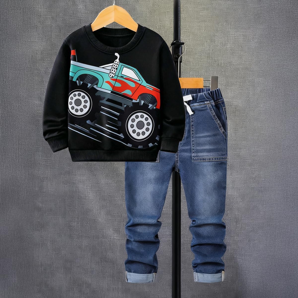 Boys Pullover Hoodie and Denim Jeans Outfits Set - Monster Trucks Sweatshirt and Jeans Pants for Kids 3-10 Years