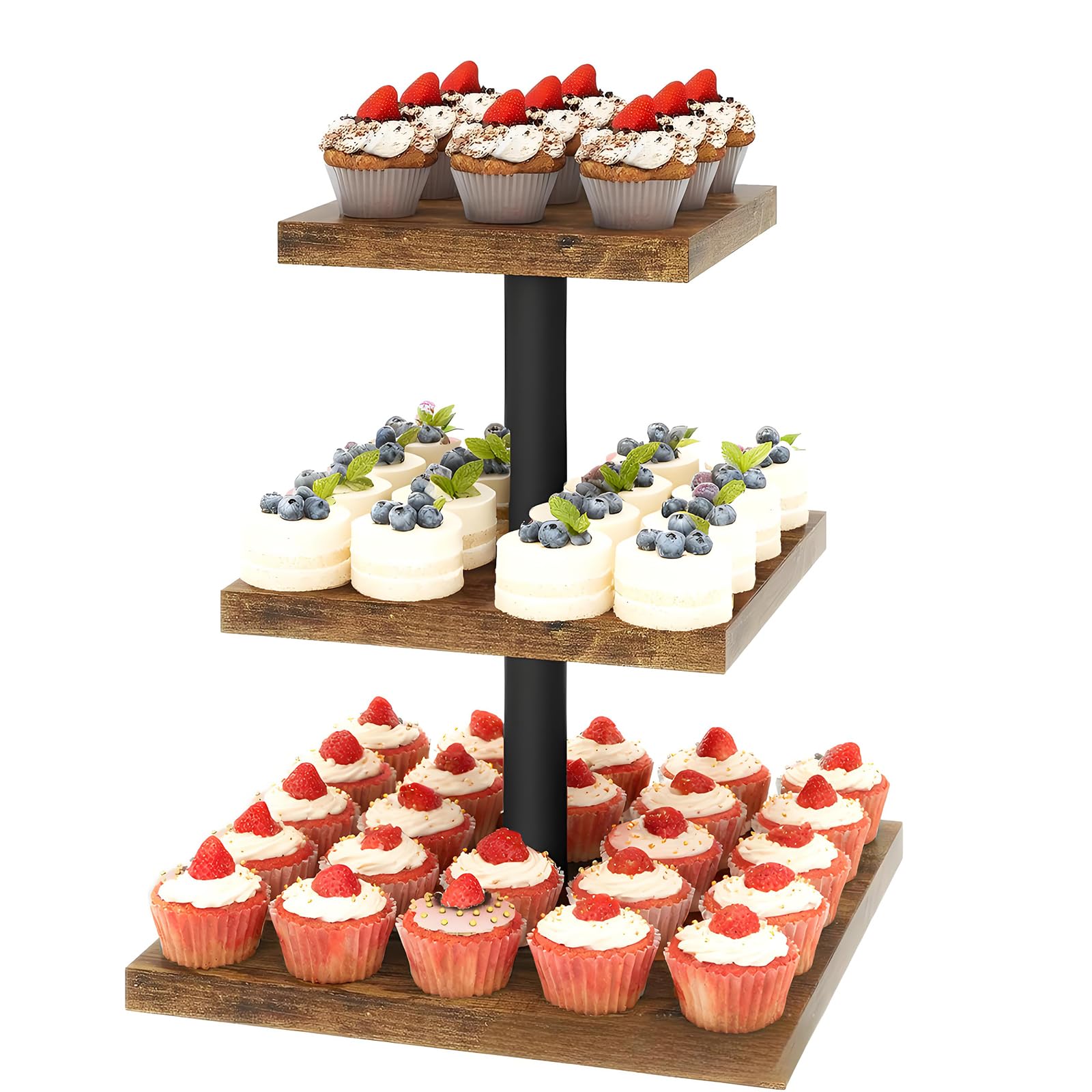 NCONCO 3 Tier Cupcake Stand, Wooden Dessert Tower Display for 57 Cupcakes Square Rustic Brown Cake Stand Holder for Wedding Birthday Party Baby Shower