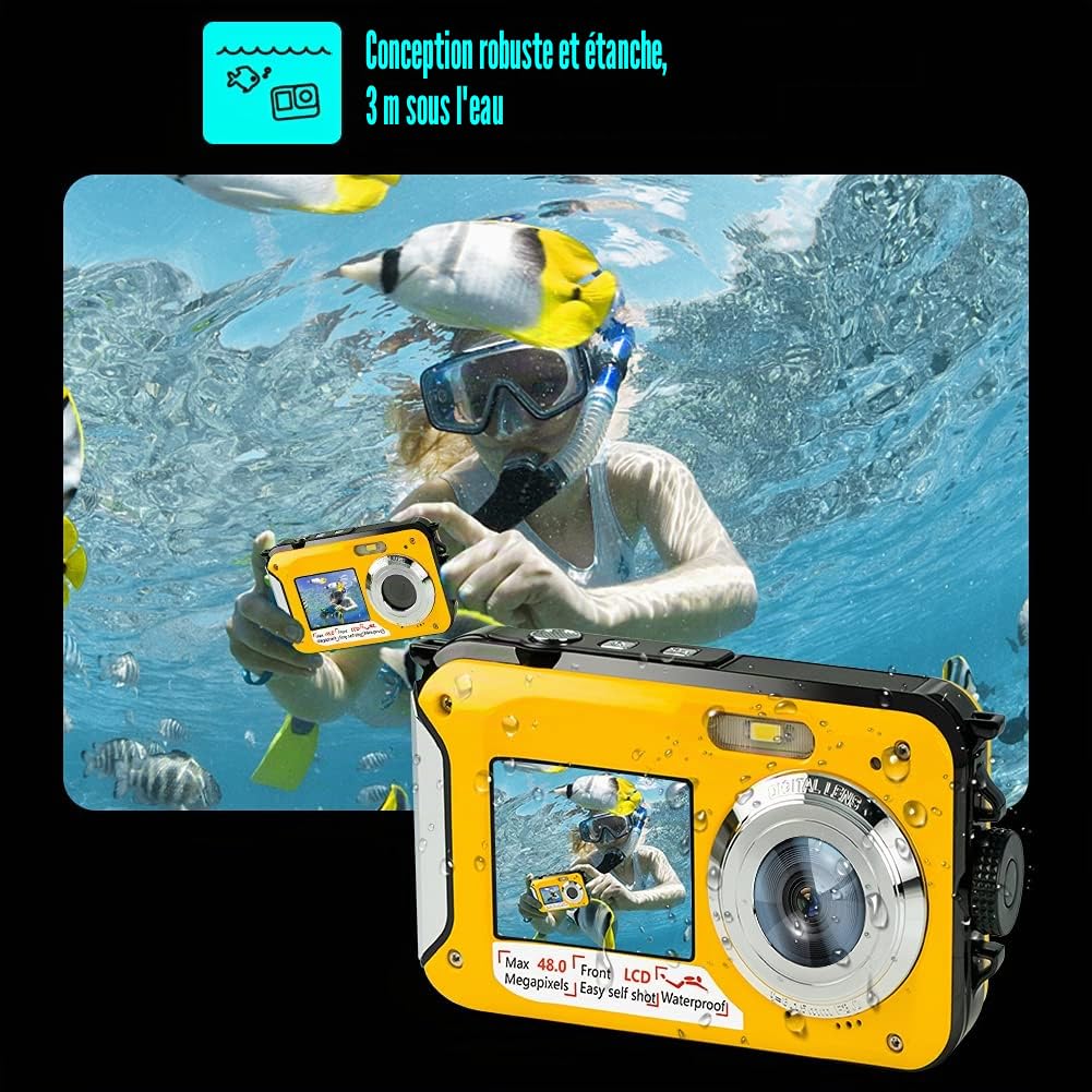 UCY01 Appareil Photo étanche Full HD 2,7 K 48 MP Appareil Photo numérique étanche avec Double écran, Zoom numérique 16x et retardateur