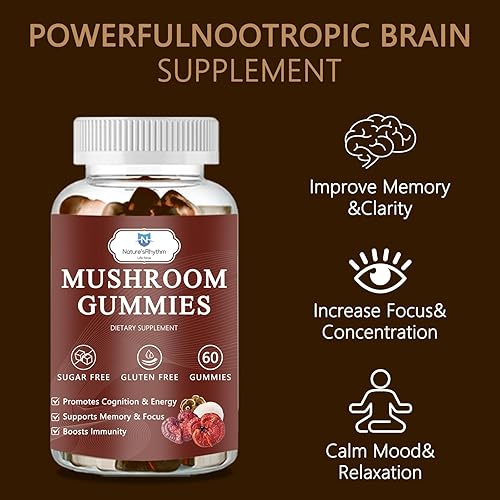 Miniatura 3 de Gomitas orgánicas de hongos con hongo melena, reishi, cordyceps, gomitas de hongo melena de león para adultos, refuerzo del cerebro, apoyo