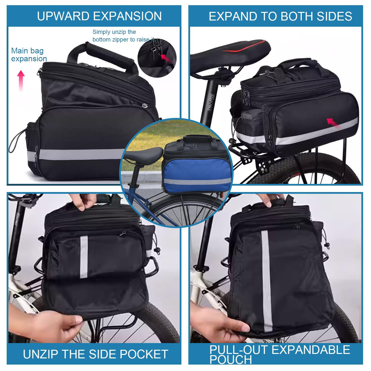 Borsa per portapacchi da bicicletta, 10-27 l, espandibile, impermeabile, in Oxford 600D, con parapioggia e tracolla, per e-bike, MTB e city bike (blu)