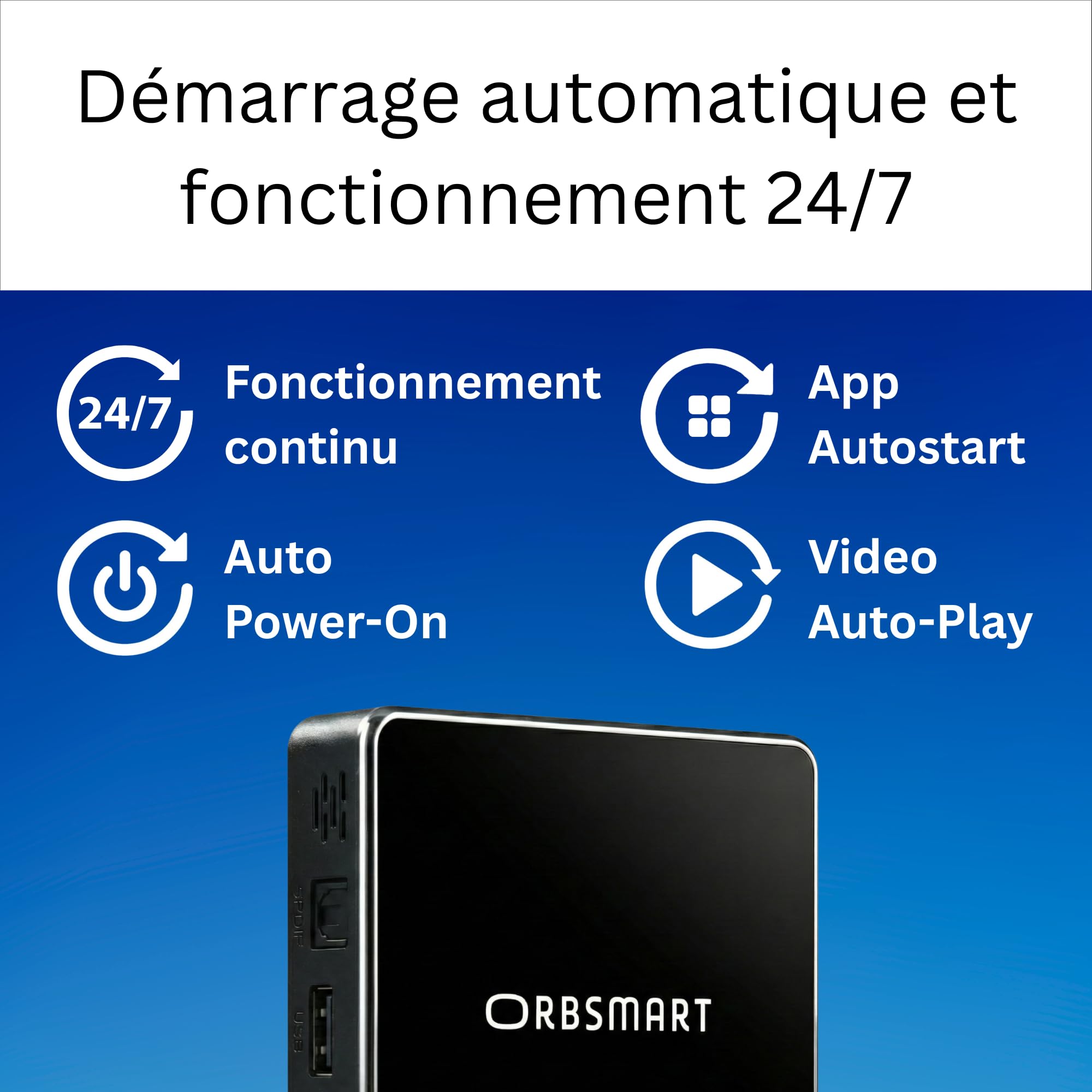 Orbsmart DS Player (S89L) - Android 14 Digital Signage Lecteur 4K Mini PC pour 24/7 Usage Continu (Fanless, Auto-on, Root, Mode Kiosque & Portrait, 4GB RAM, 32GB, LAN)
