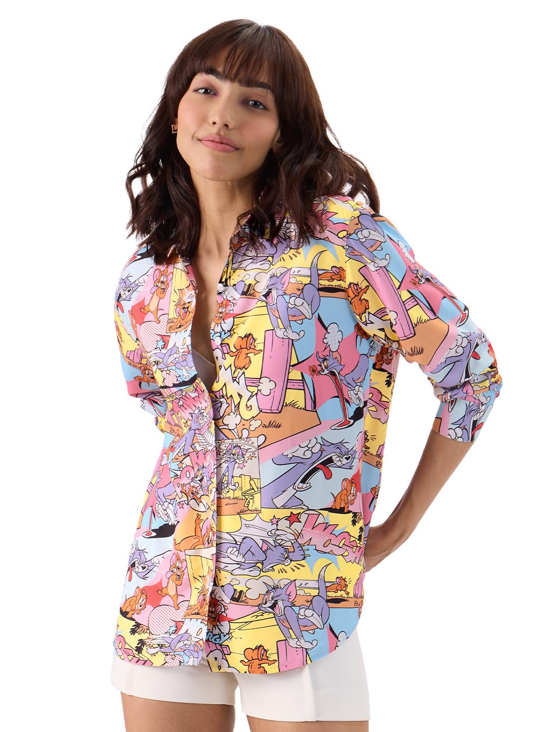 The Souled StoreOfficial Tom & Jerry: High Energy Women and Girls Long Sleeve Button Front Collared Neck All Over Print Regular Fit Shirts Multicolour Old Retro Cartoon 90s Animated Character