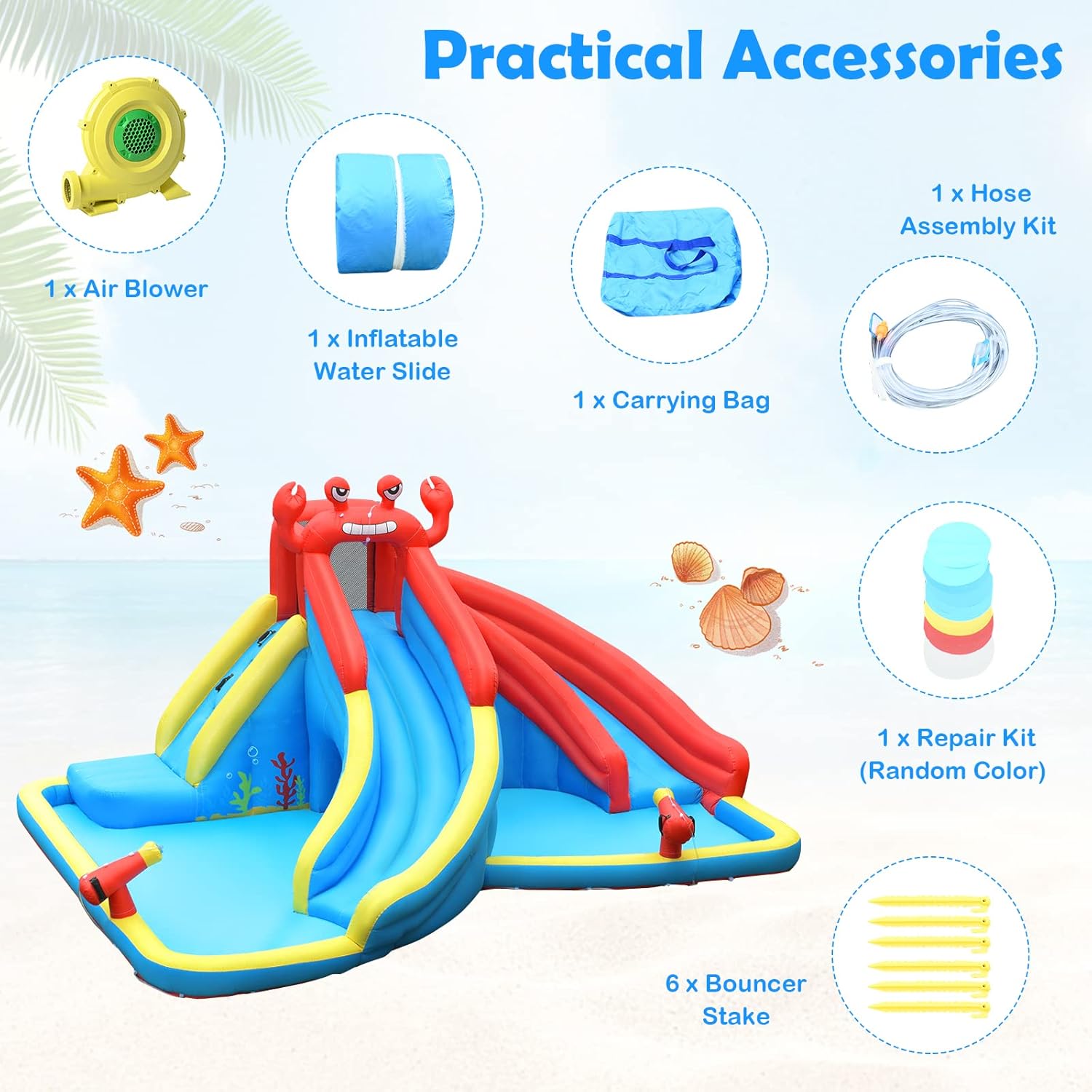 HONEY JOY Inflatable Water Slide, Crab Theme Blow Up Water Park Bounce House for Backyard, Climbing Wall & 2 Slides, Indoor Outdoor Waterslides Inflatables for Kids and Adults(with 950w Blower)